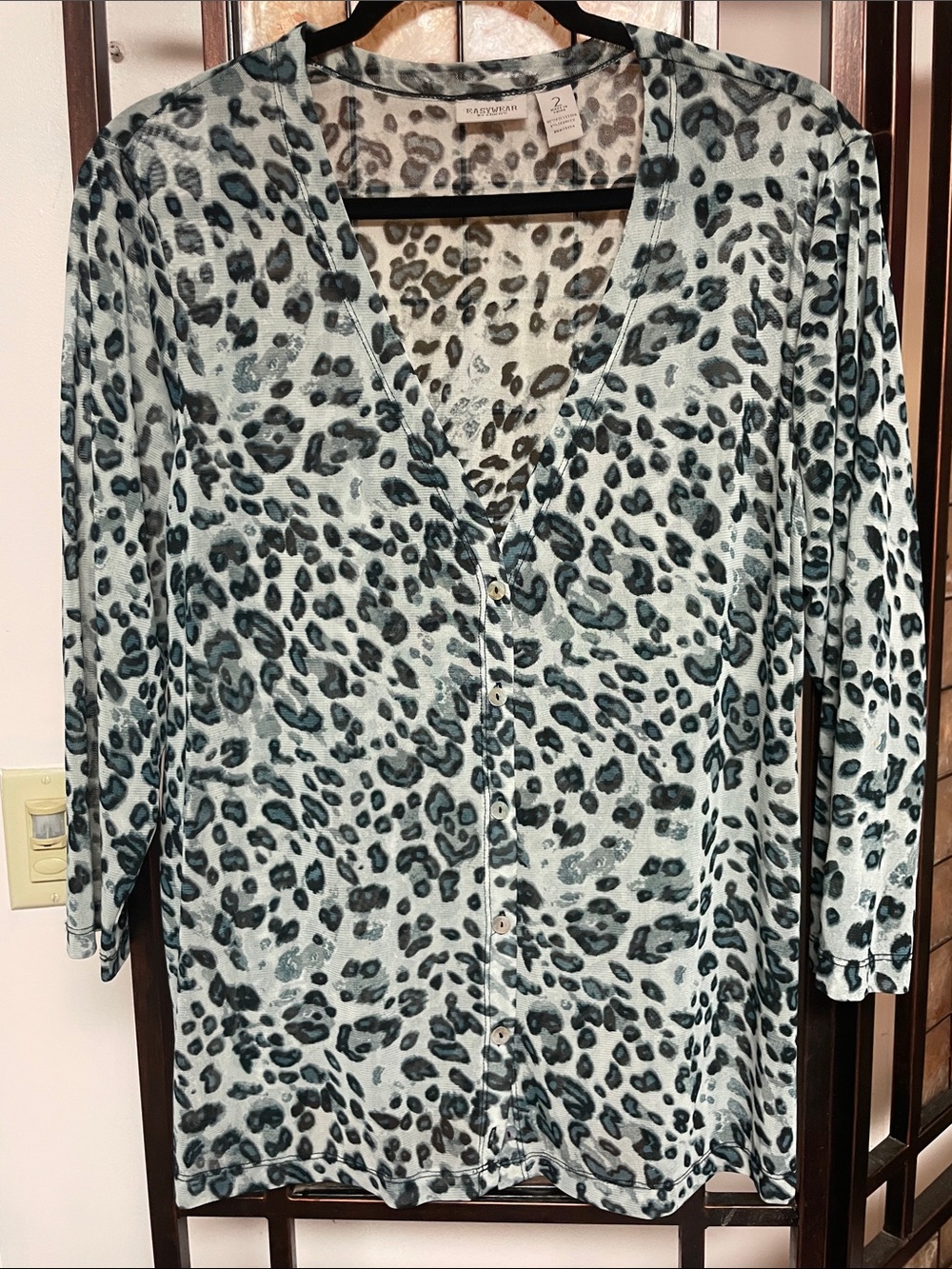 Chico's Blue and Charcoal Leopard-Spot Button Front Blouse
